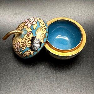 Vintage Cloisonné Apple Trinket Box With Floral Motif & Gold Stem Lid, 1.5"